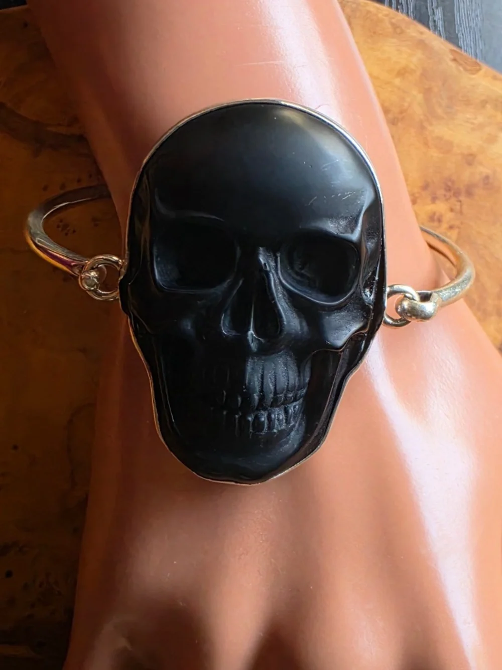 Obsidian & Fine Silver Skull Bangle